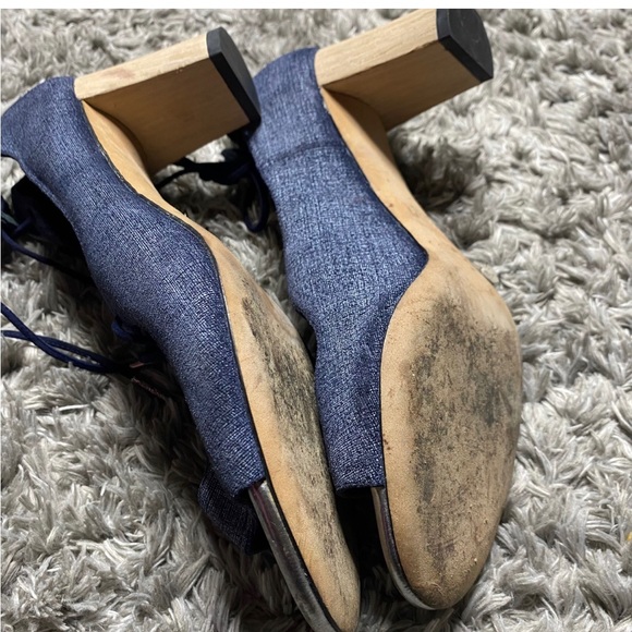 JIMMY CHOO Vernie Denim Leather Wood Heel Sandals - Picture 9 of 11